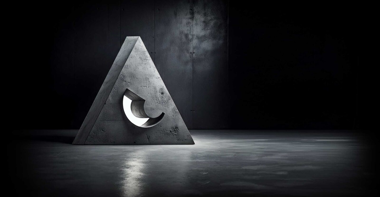 Sculpture triangulaire en béton avec ouverture lumineuse.