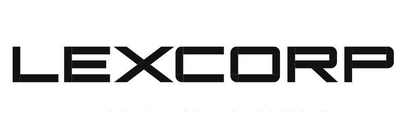 Logo de Lexcorp avec slogan.