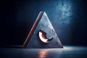 Sculpture triangulaire moderne, béton et bois, éclairée.