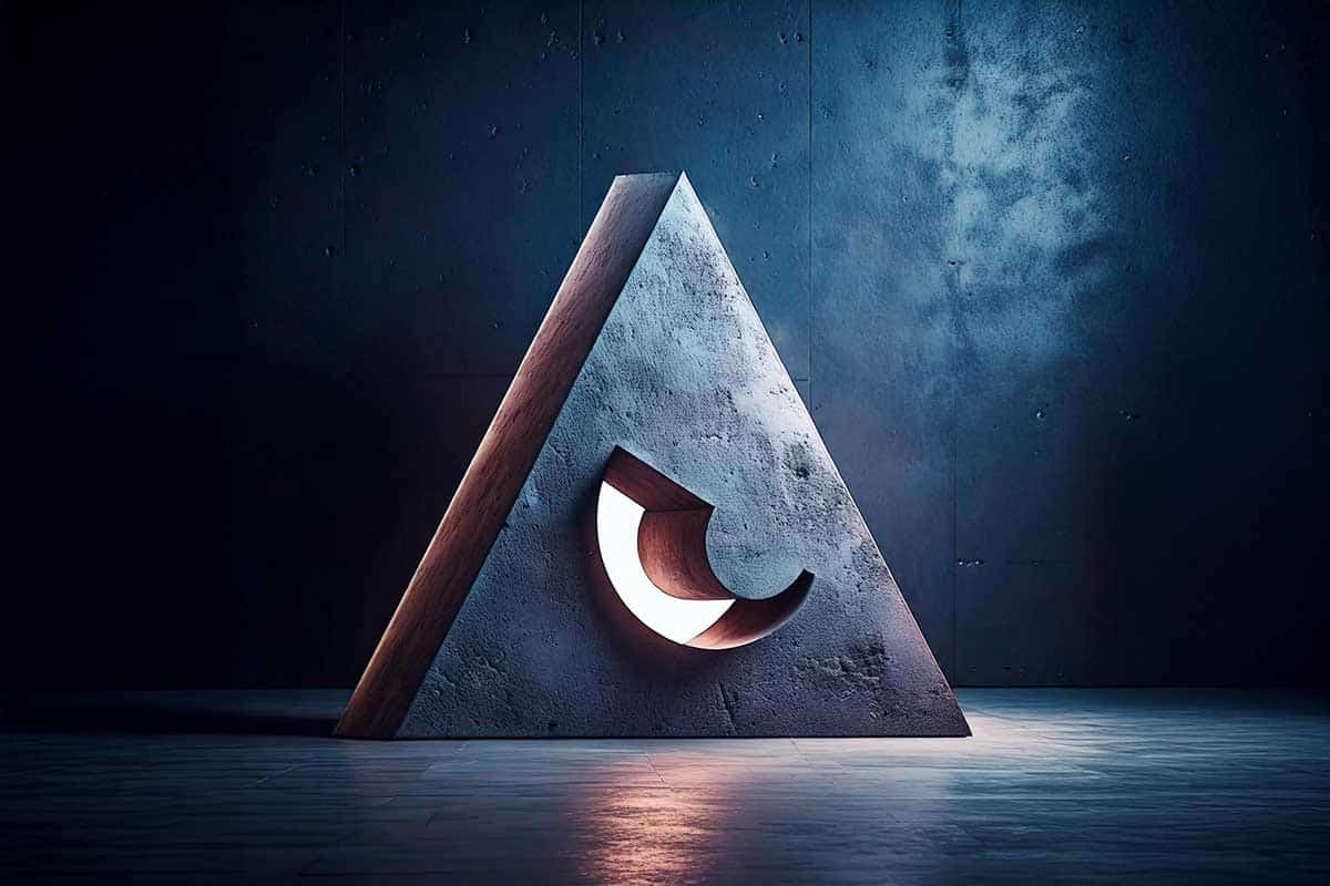 Sculpture triangulaire moderne, béton et bois, éclairée.