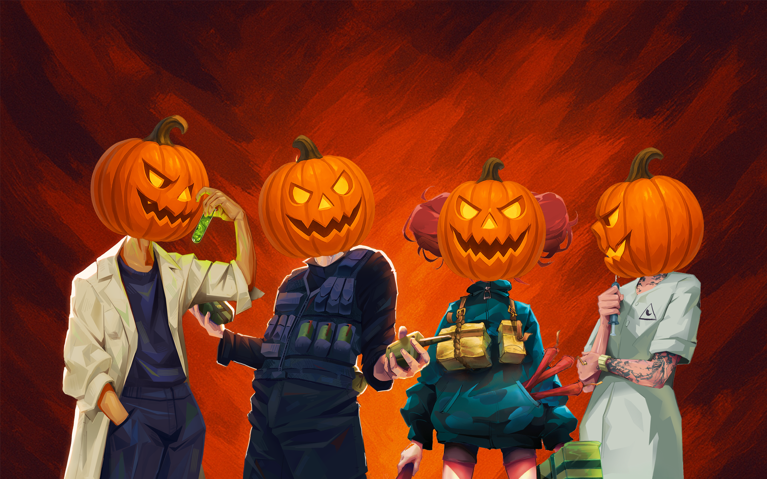 Personnages à têtes de citrouilles, ambiance Halloween.