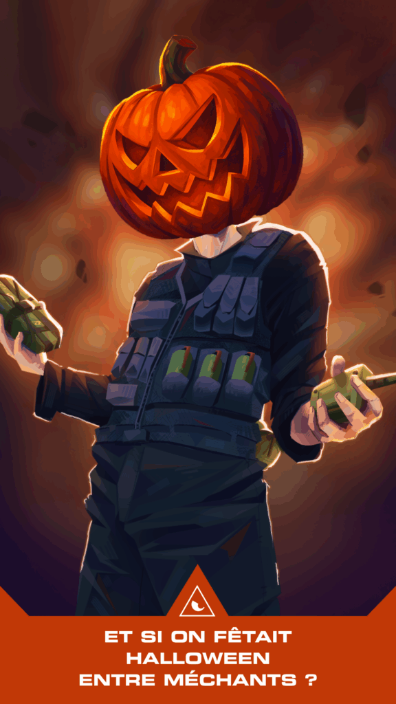 Personnage Halloween tête citrouille avec grenades.